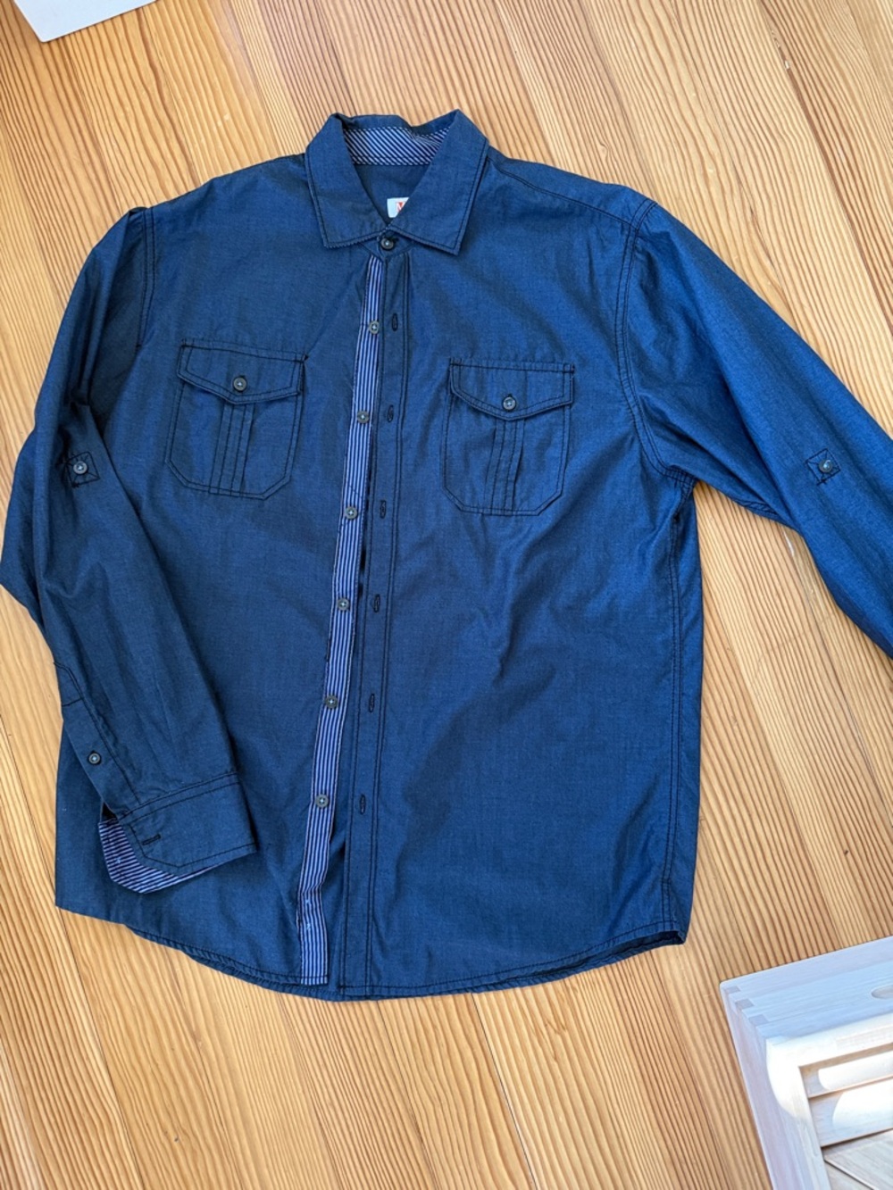 Michael Brandon Navy Button-Front Shirt with Striped Trim Size Medium